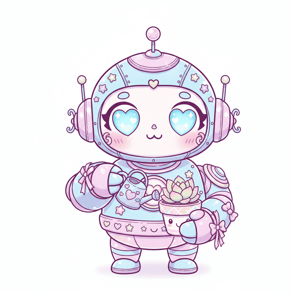 Robot Tending Tiny Plant - hard cartoon drawing idea