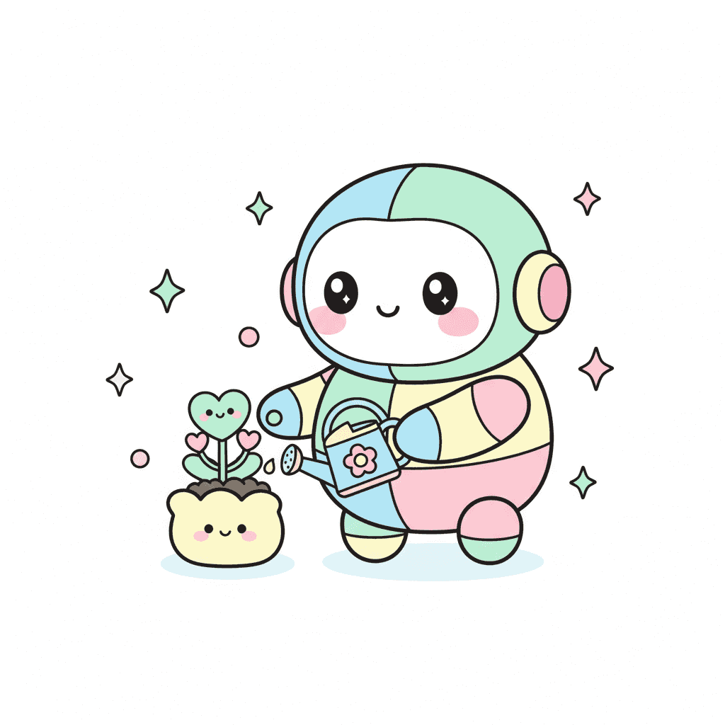 Robot Tending Tiny Plant - medium cartoon drawing idea
