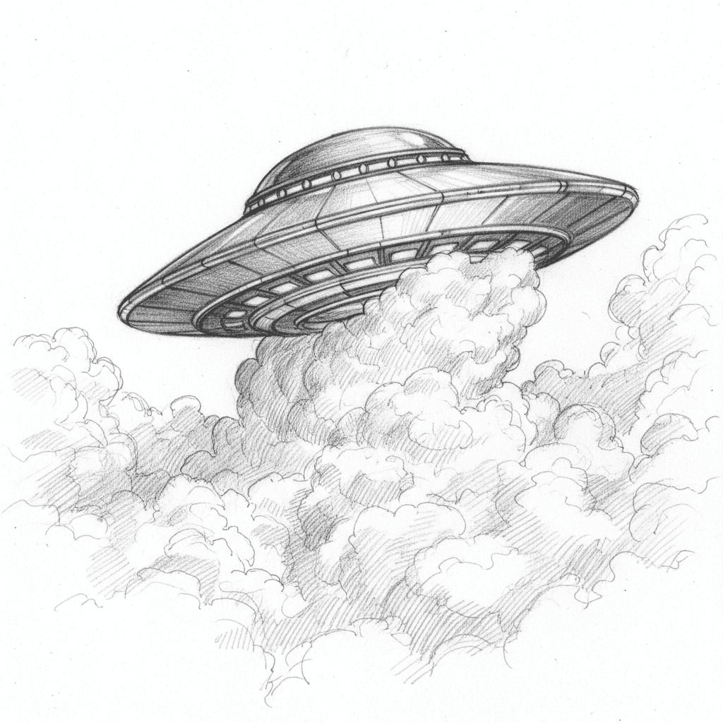 Ufo Peeking From Clouds - hard sketch drawing idea