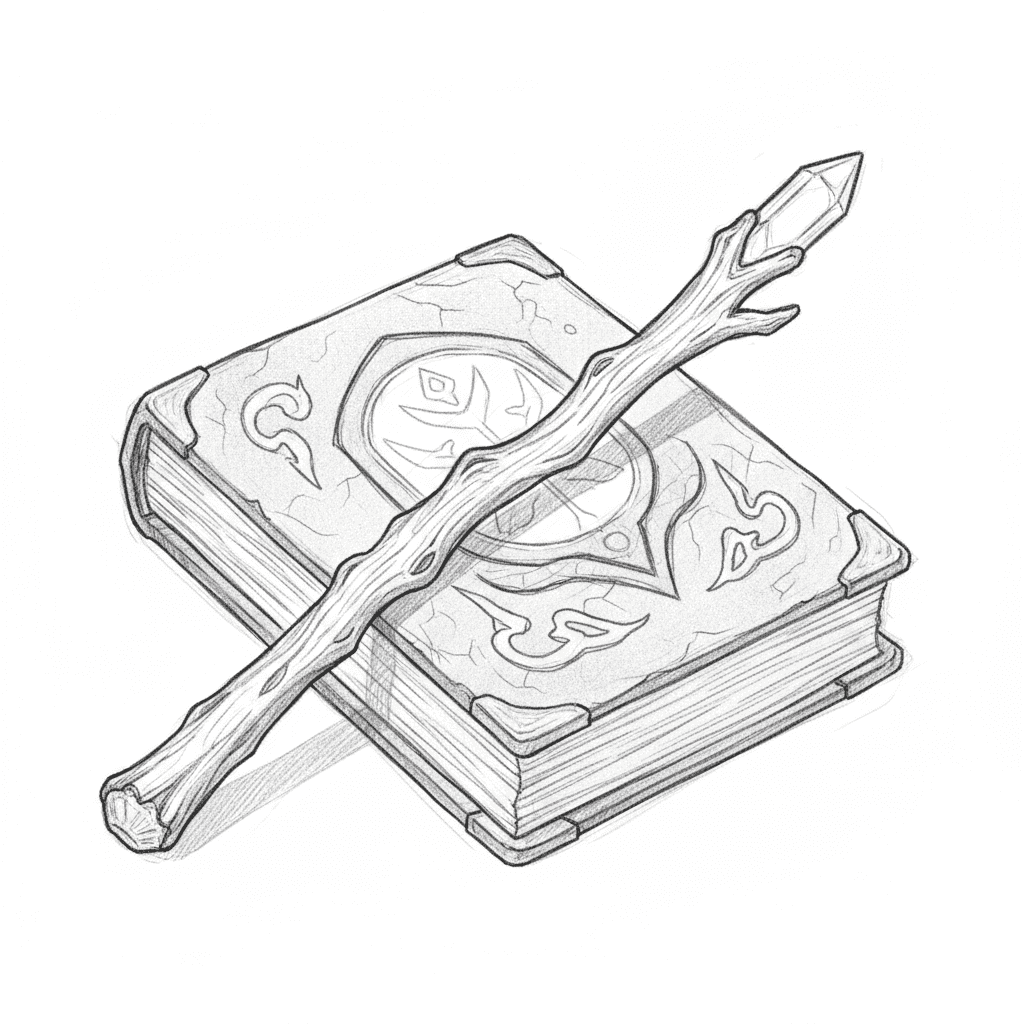 Wand Resting On Ancient Spellbook - medium sketch drawing idea