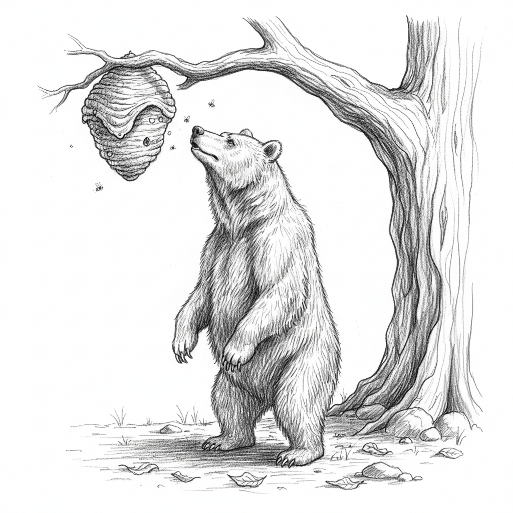 Bear Looking Up At Beehive - hard sketch drawing idea for animals
