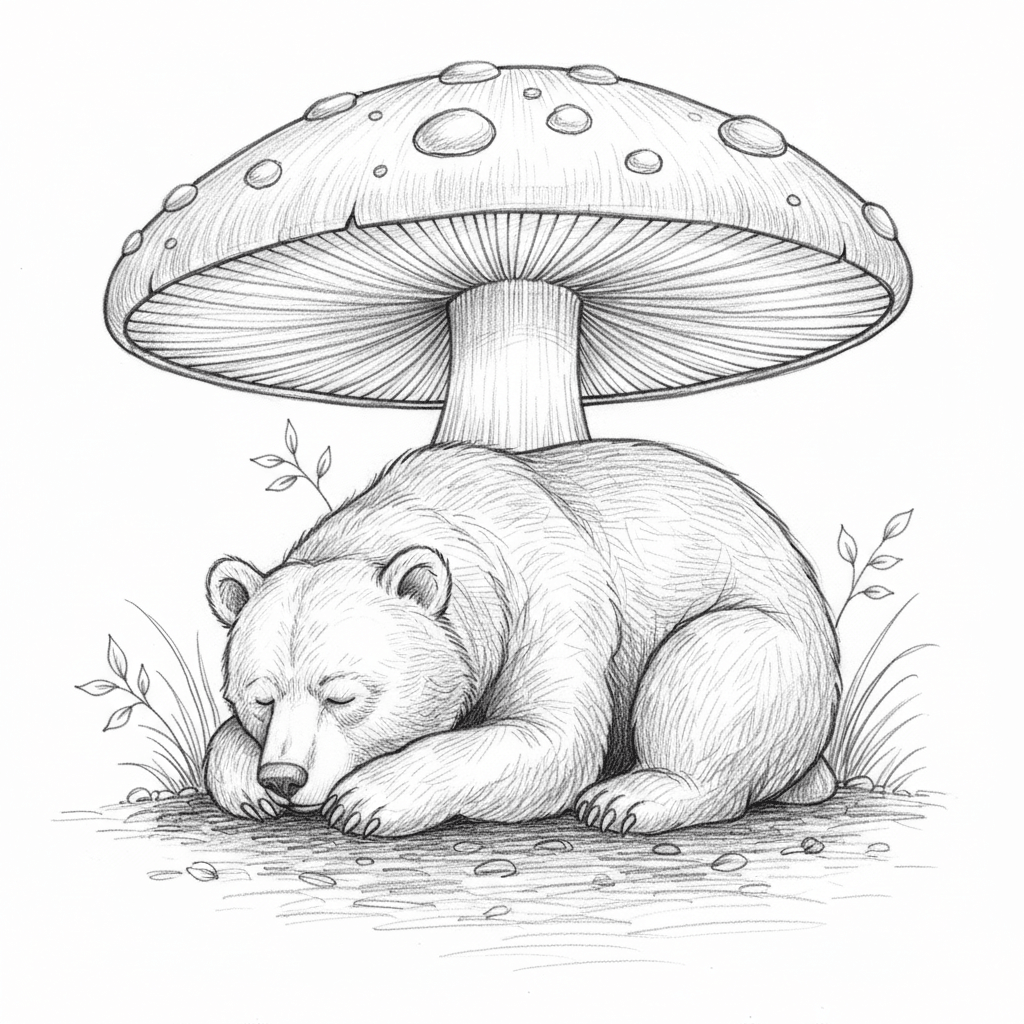 Bear Napping Under A Mushroom - hard sketch drawing idea for animals