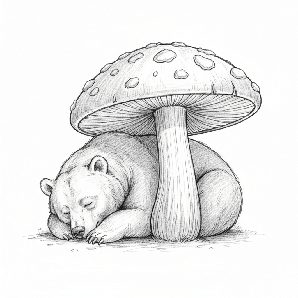 Bear Napping Under A Mushroom - medium sketch drawing idea for animals