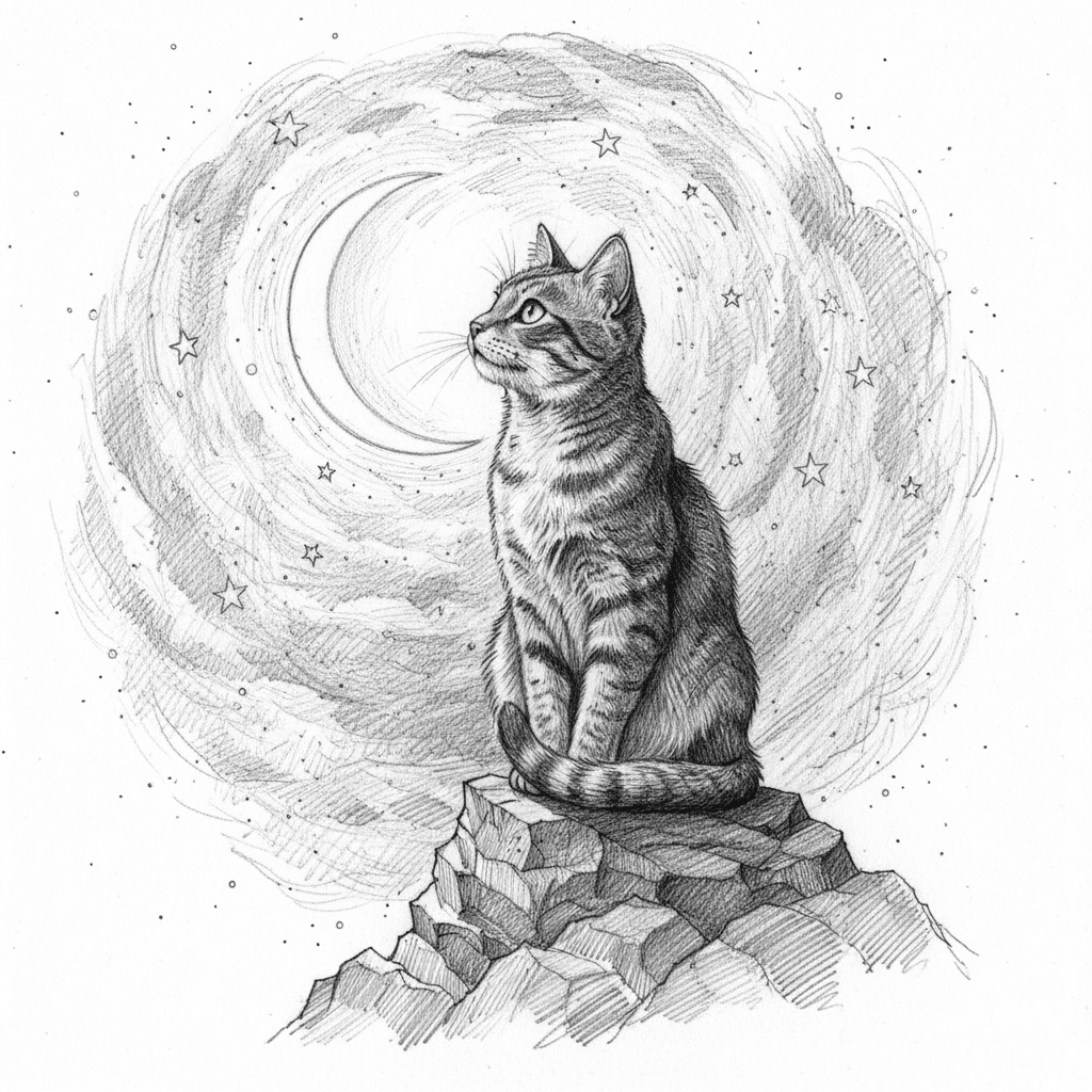 Cat Gazing at Stars (Sketch) - hard sketch drawing idea for animals