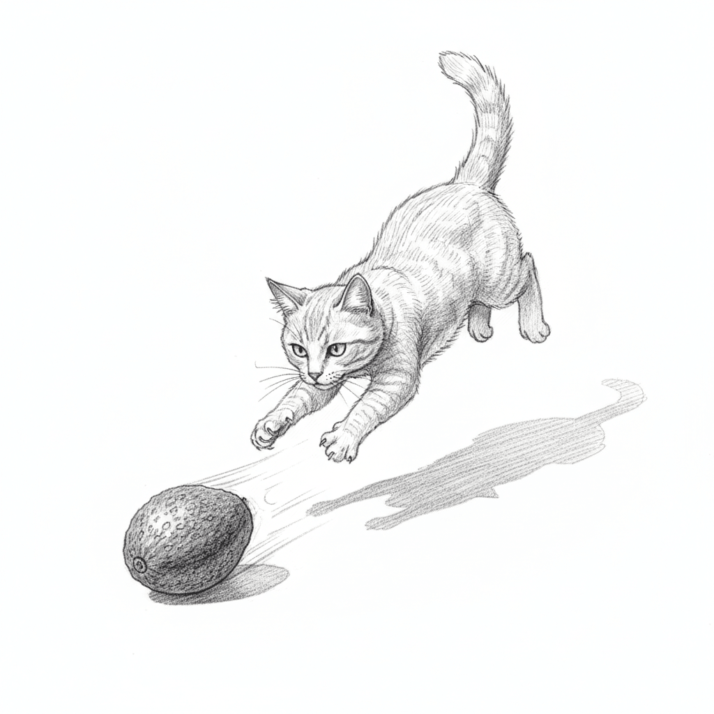 Cat Pouncing on Avocado (Sketch) - hard sketch drawing idea for animals