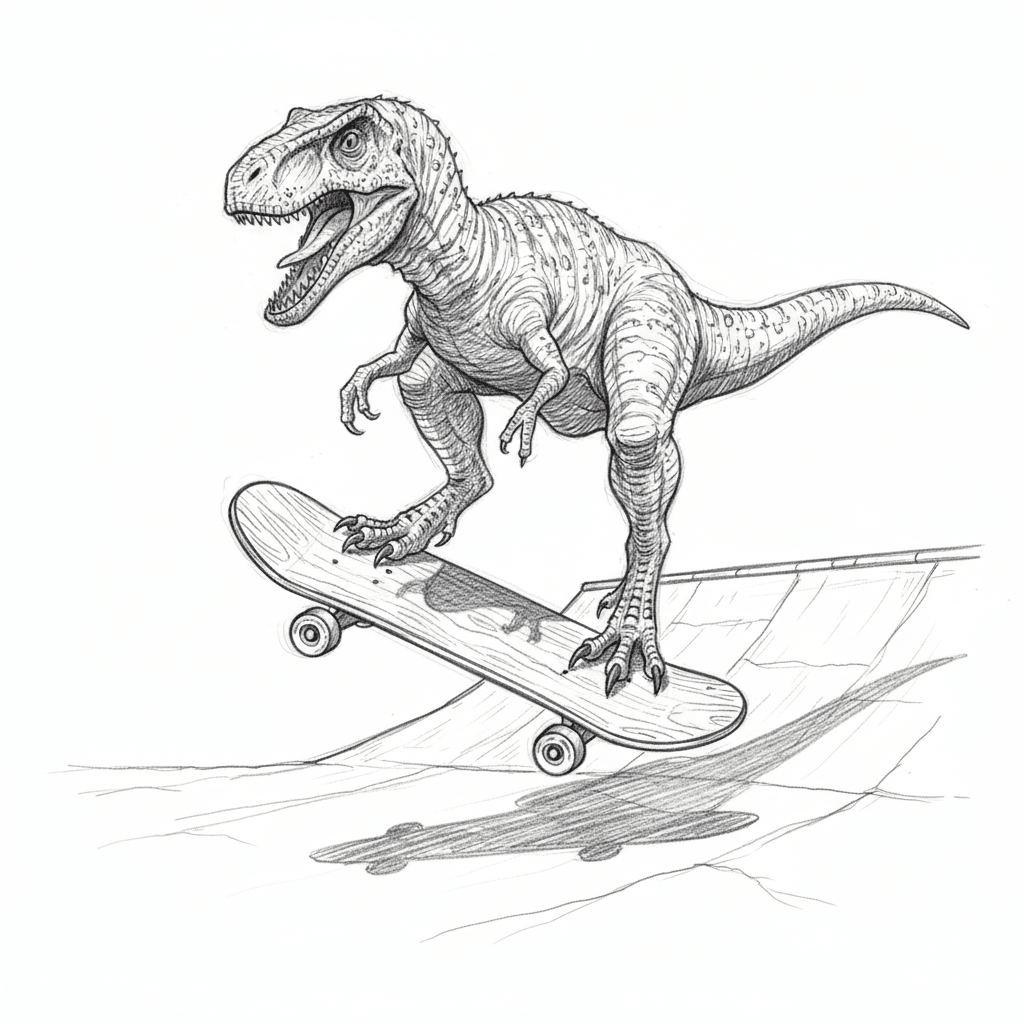 Dino Riding Skateboard - hard sketch drawing idea for animals