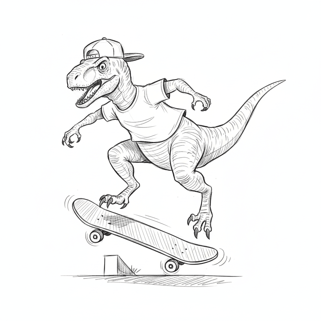 Dino Riding Skateboard - medium sketch drawing idea for animals