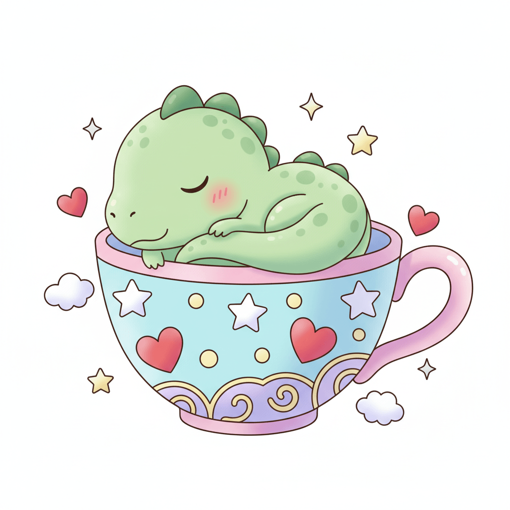 Dinosaur Sleeping In A Teacup - hard cartoon drawing idea for animals