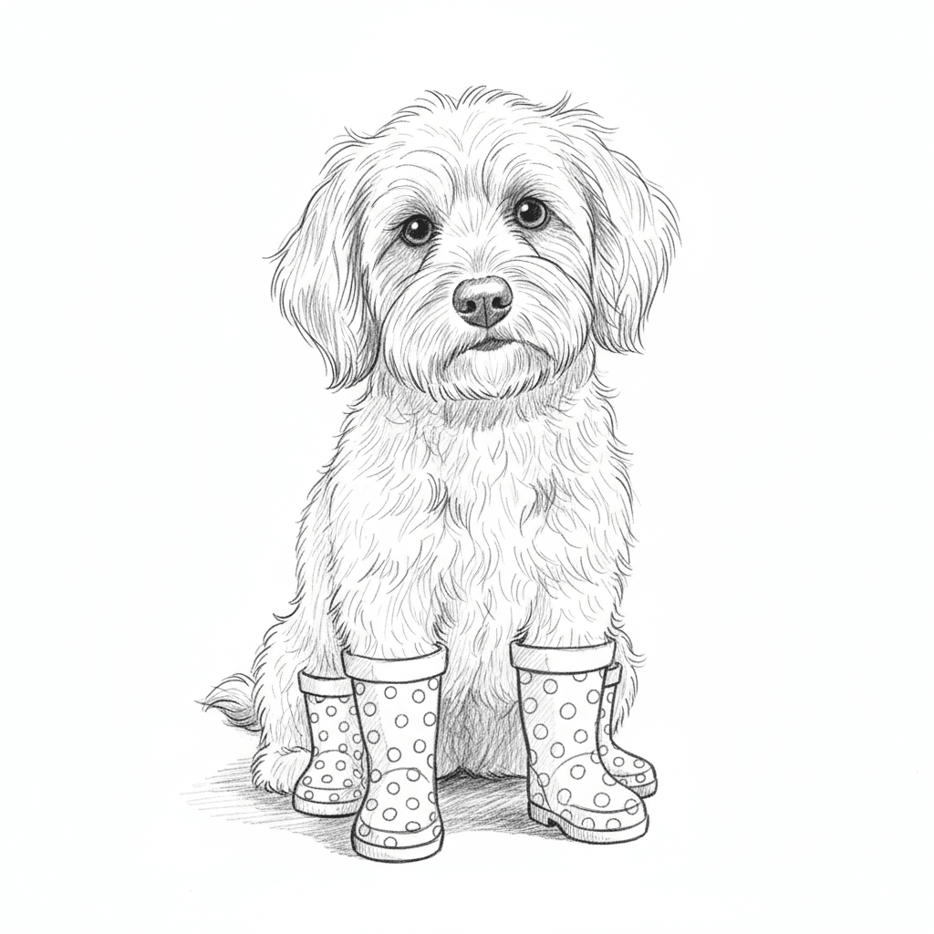 Dog In Tiny Rain Boots - medium sketch drawing idea for animals