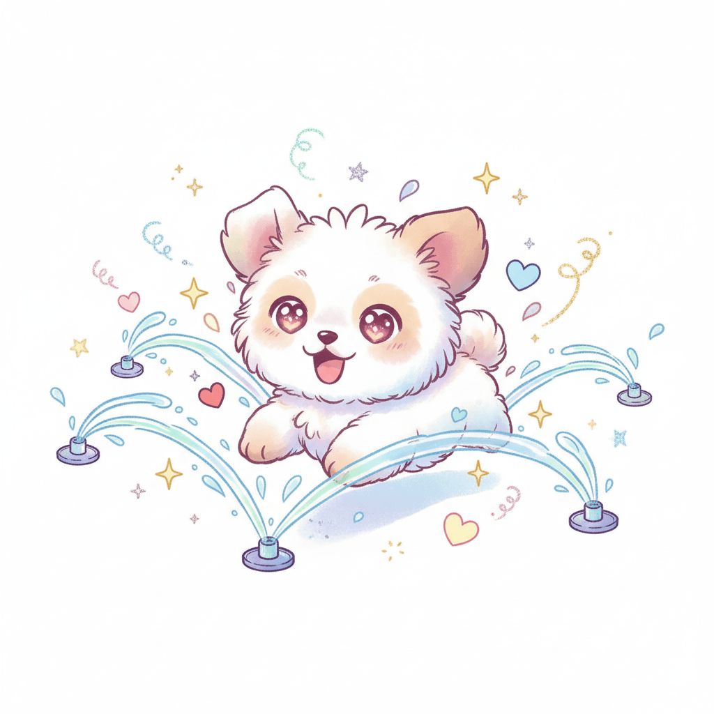 Dog Leaping Through Sprinklers - hard cartoon drawing idea for animals