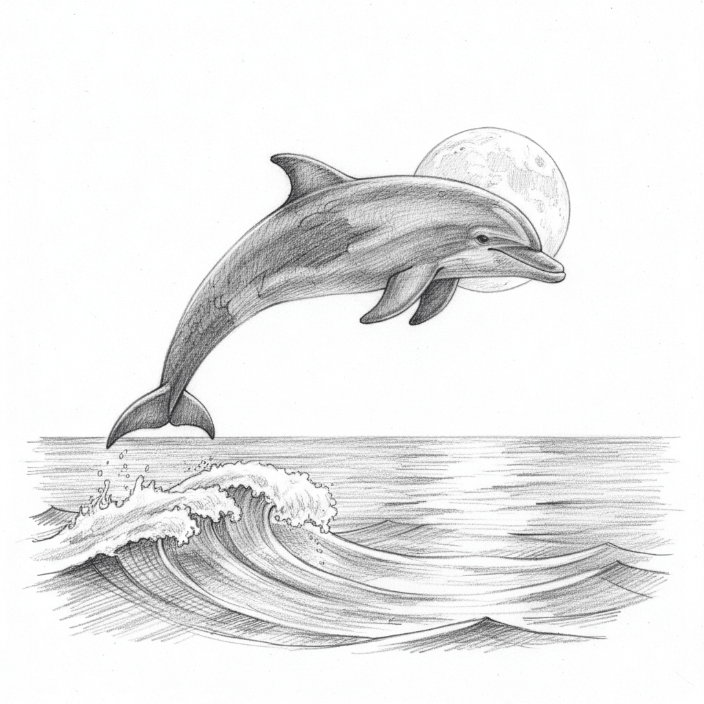 Dolphin Leaping Over Moonlit Waves - hard sketch drawing idea for animals