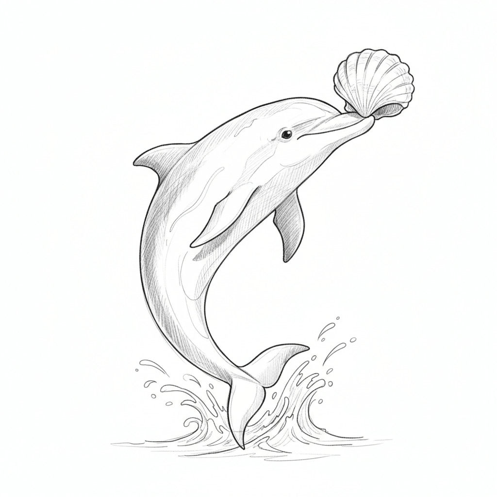 Dolphin Playfully Balancing A Seashell - medium sketch drawing idea for animals