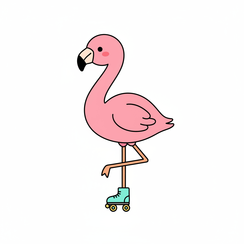 Flamingo Balancing On One Roller Skate - easy cartoon drawing idea for animals