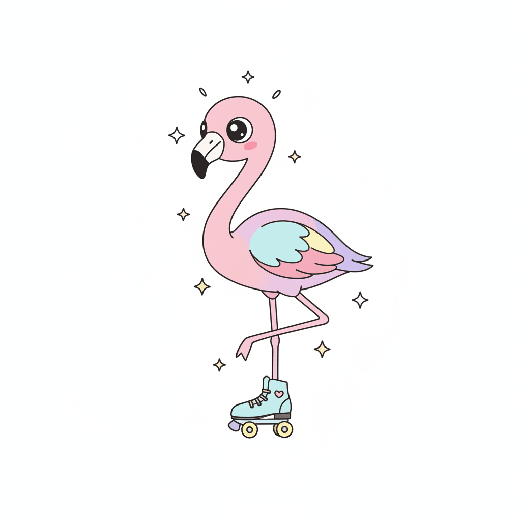 Flamingo Balancing On One Roller Skate - medium cartoon drawing idea for animals