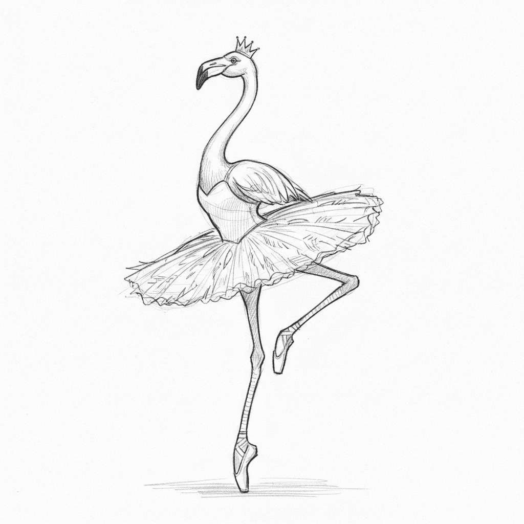 Flamingo Ballerina On Tiptoe - medium sketch drawing idea for animals