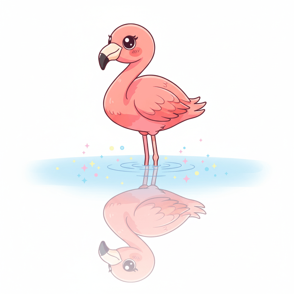Flamingo Reflected In Calm Water - medium cartoon drawing idea for animals