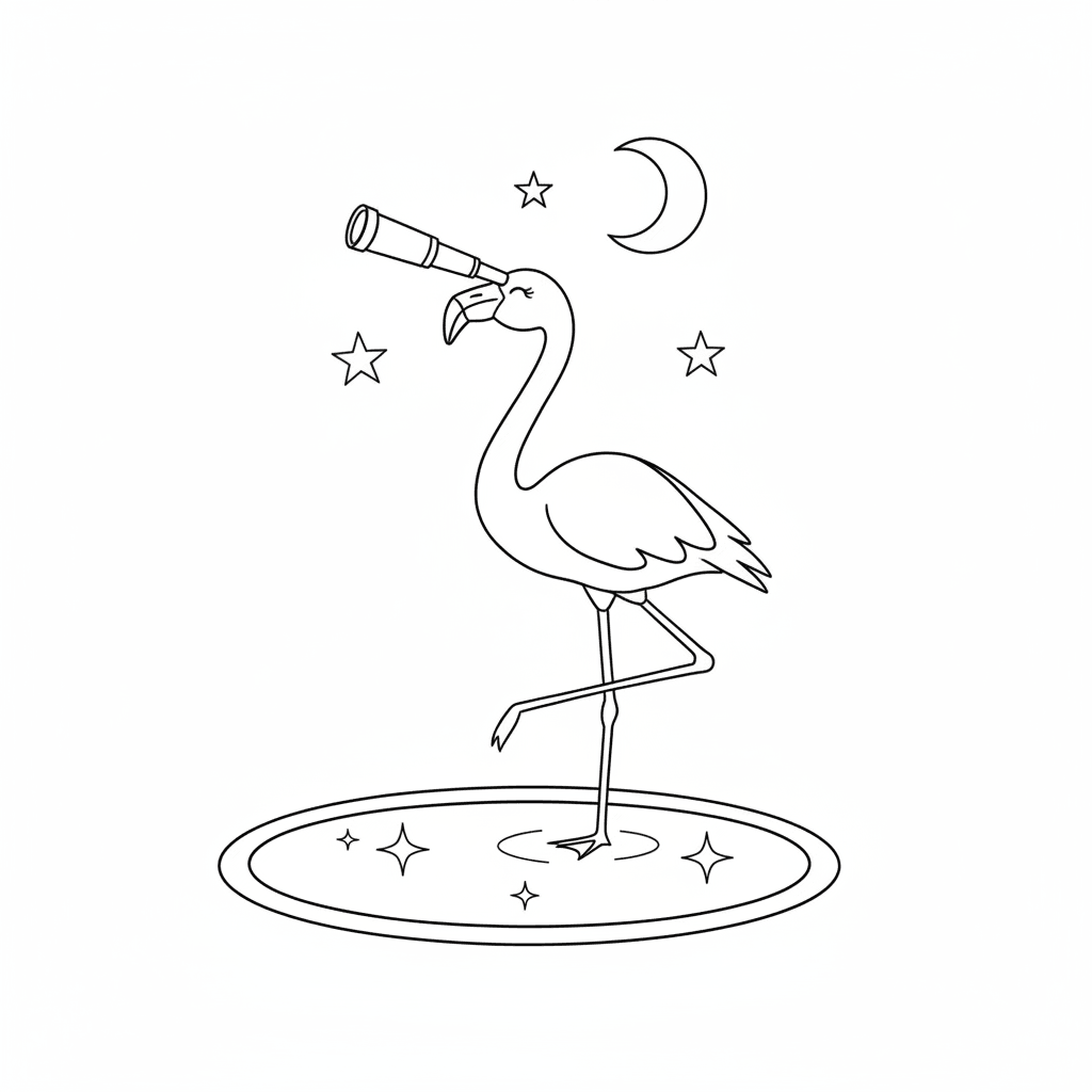 Flamingo Stargazing By Pond - easy sketch drawing idea for animals