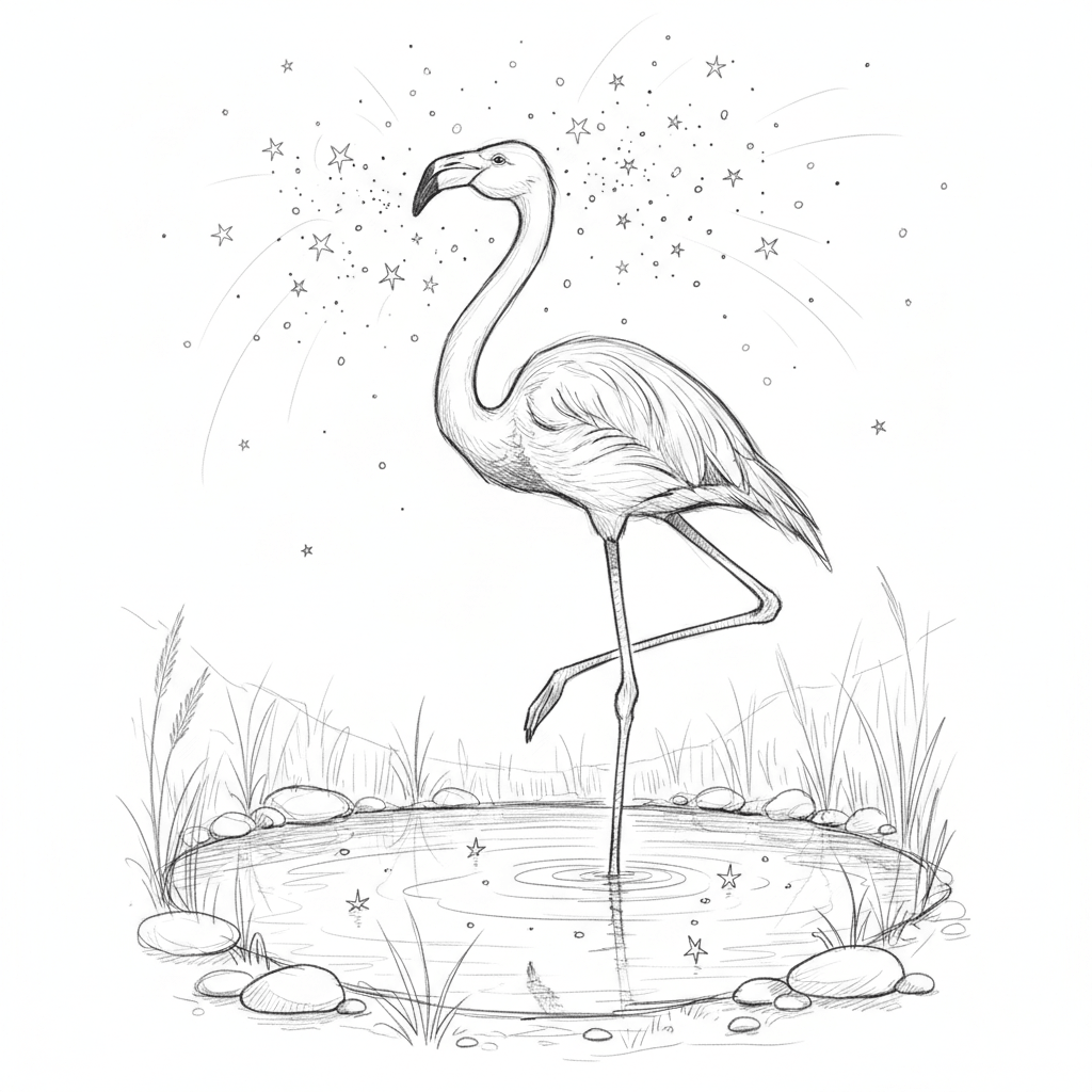 Flamingo Stargazing By Pond - medium sketch drawing idea for animals