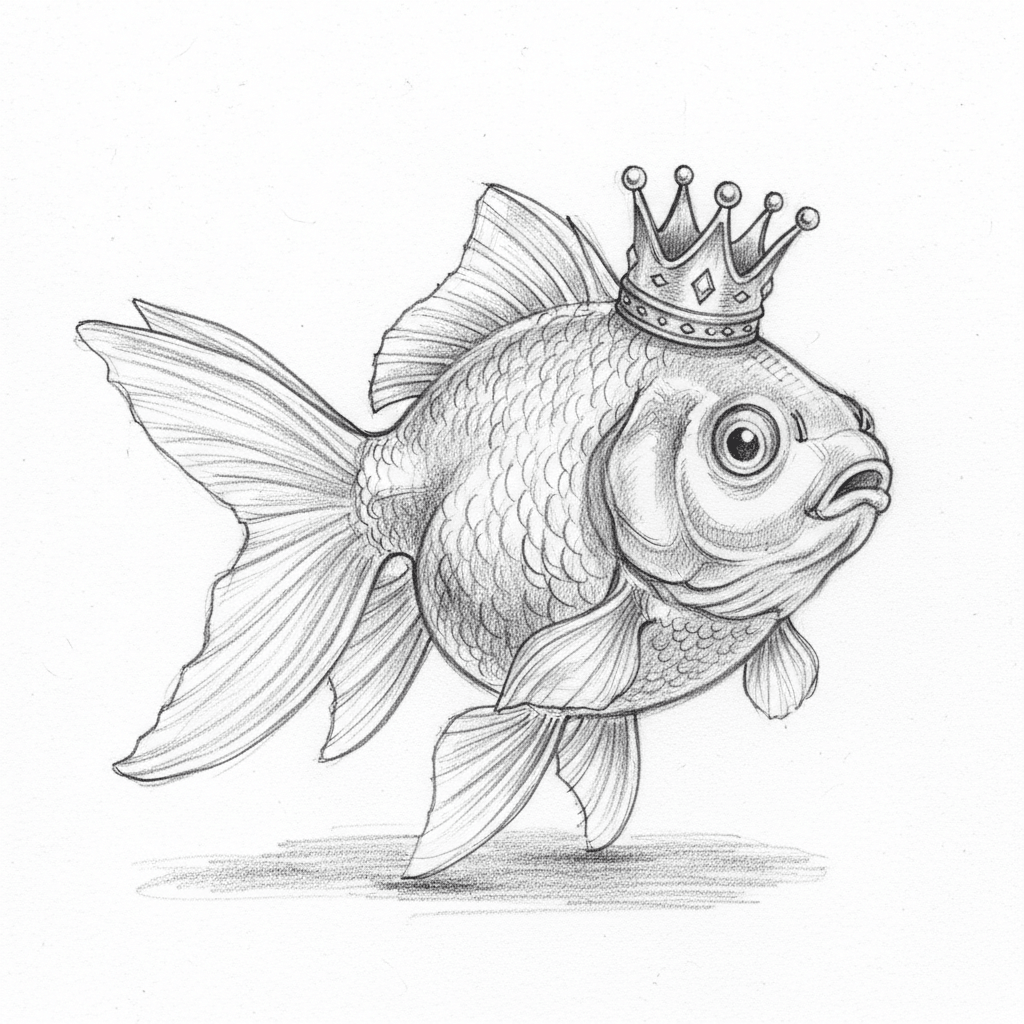 Goldfish Wearing Tiny Crown - hard sketch drawing idea for animals