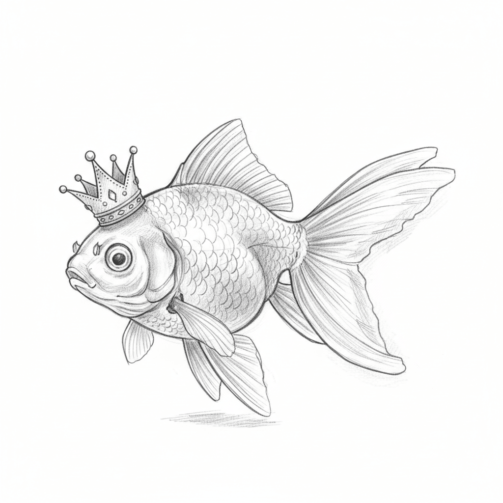 Goldfish Wearing Tiny Crown - medium sketch drawing idea for animals