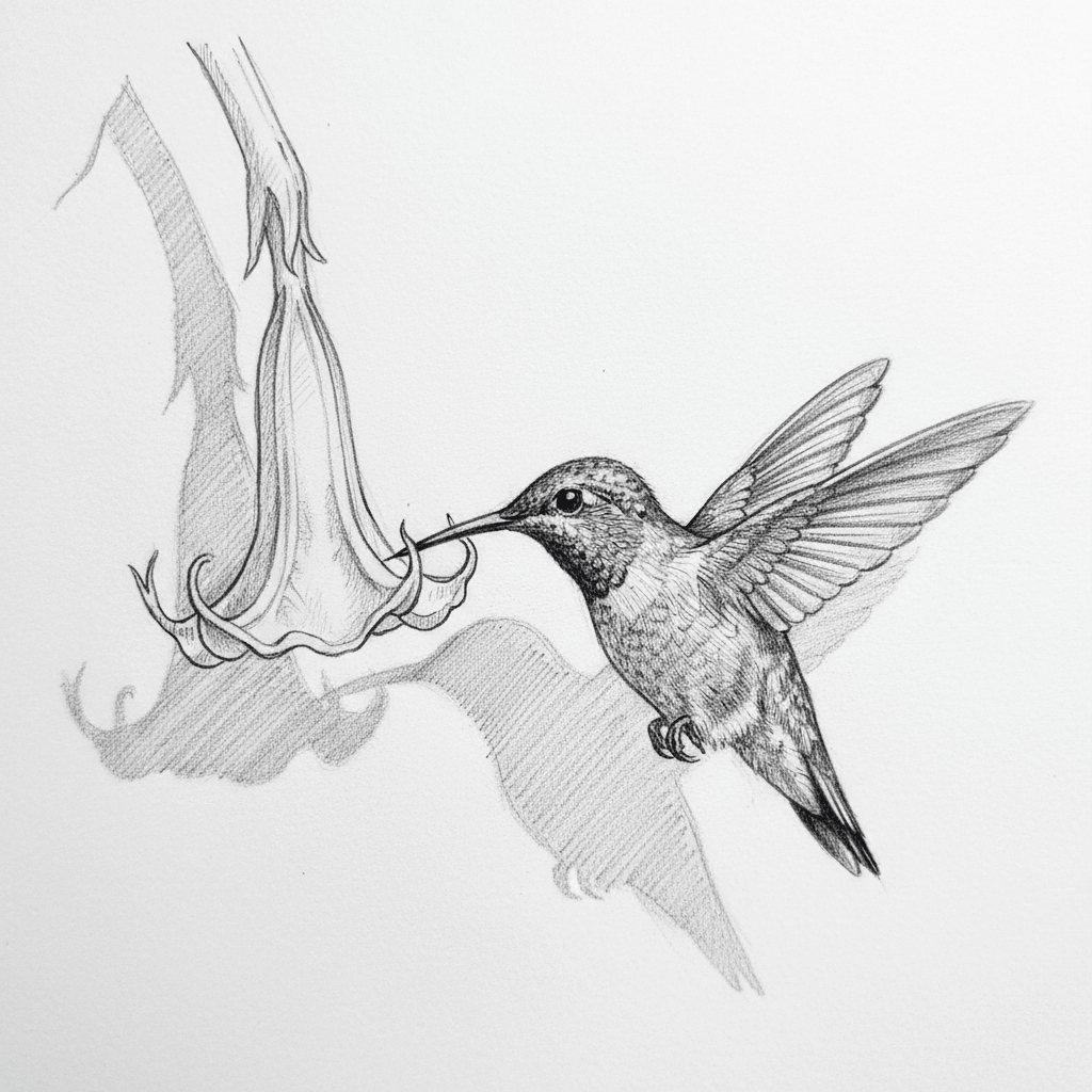Hummingbird Flies Upside Down For Nectar - hard sketch drawing idea for animals