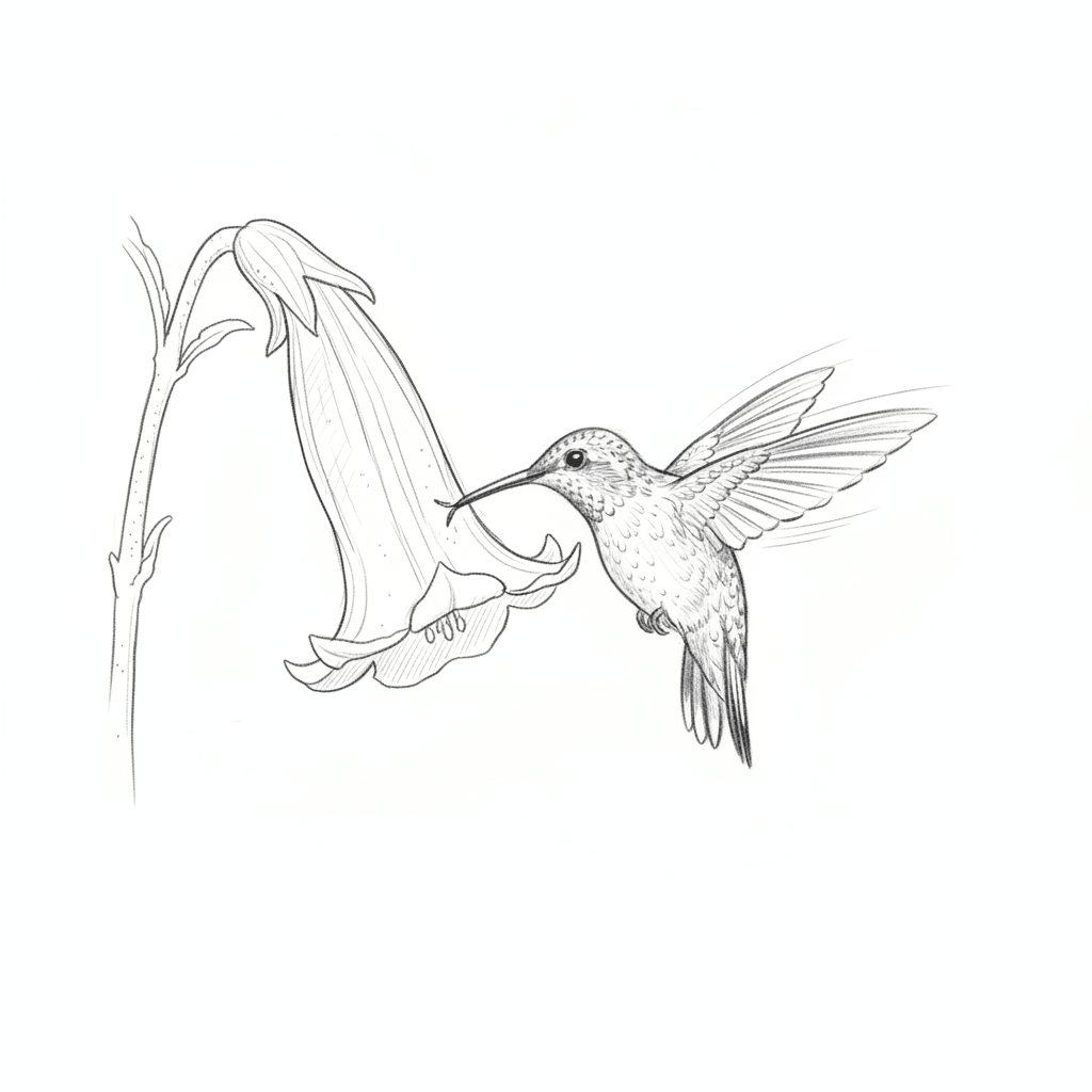 Hummingbird Flies Upside Down For Nectar - medium sketch drawing idea for animals