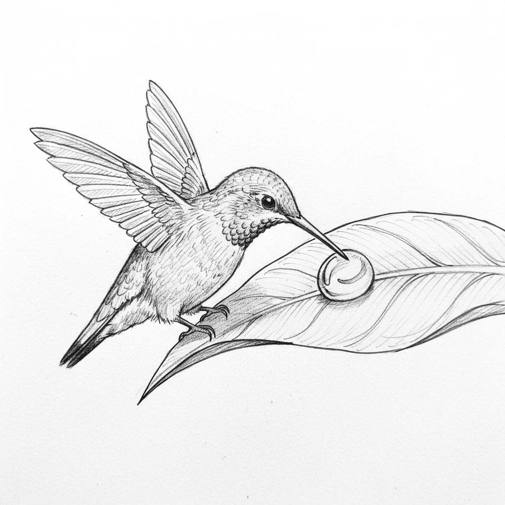 Hummingbird Sips Dewdrop From Leaf - medium sketch drawing idea for animals
