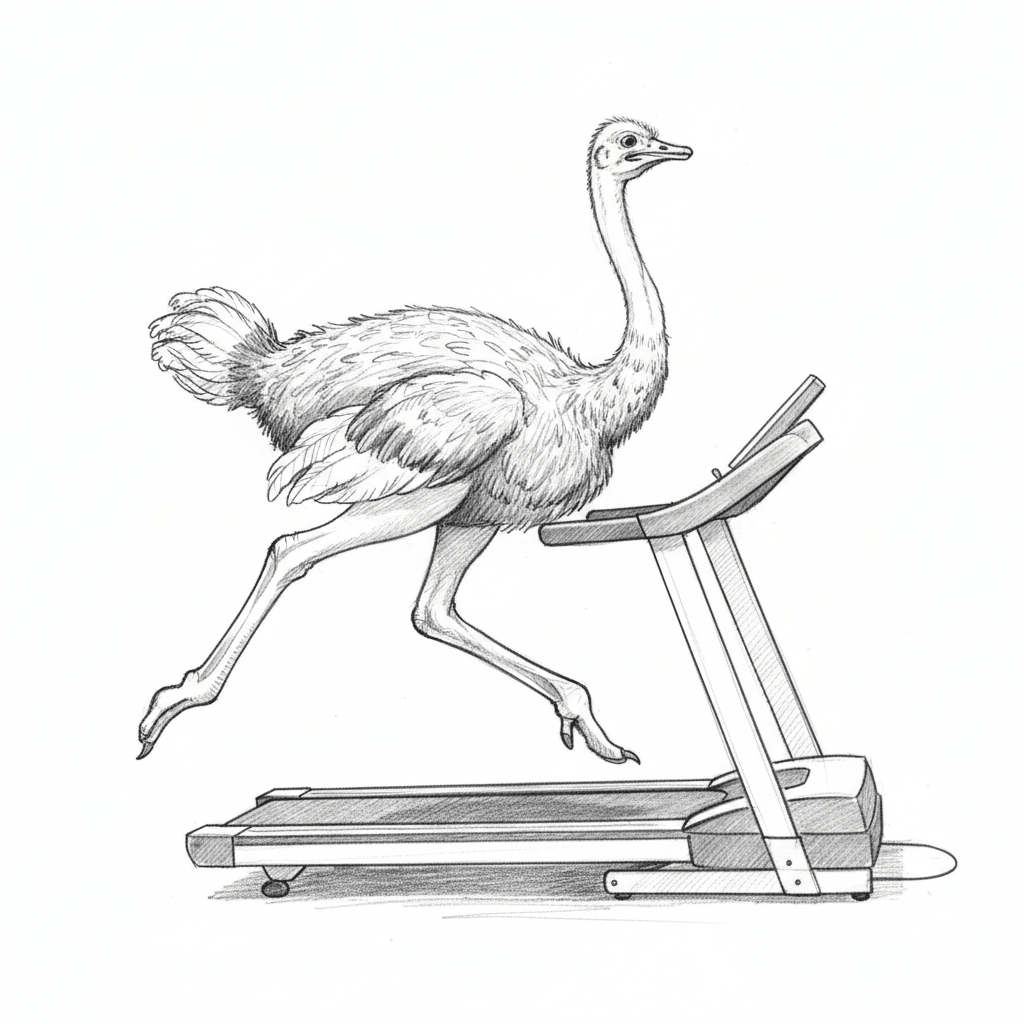 Ostrich Running On Treadmill - medium sketch drawing idea for animals
