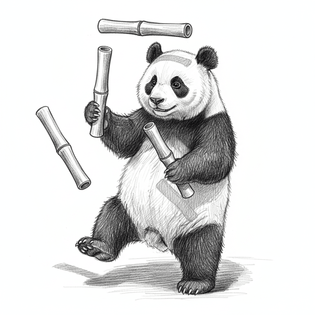Panda Juggling Bamboo Sticks - hard sketch drawing idea for animals
