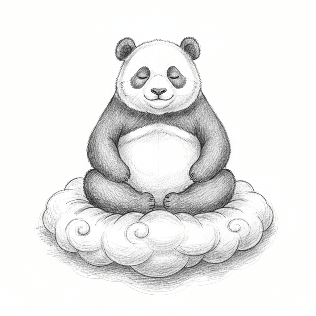 Panda Meditating On Cloud - hard sketch drawing idea for animals