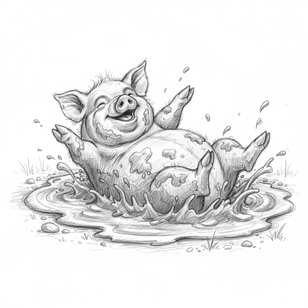 Pig Rolling Happily In Mud - hard sketch drawing idea for animals