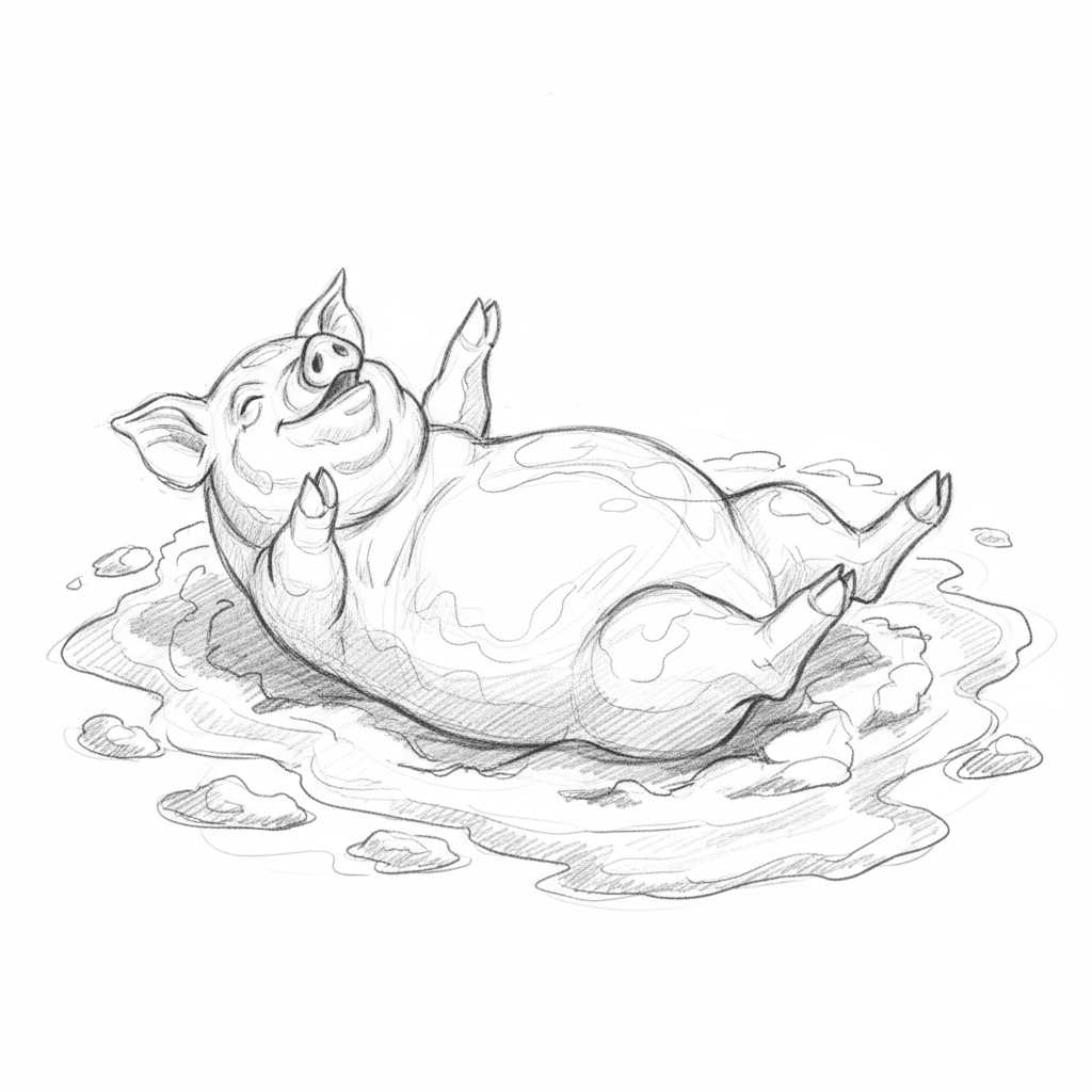 Pig Rolling Happily In Mud - medium sketch drawing idea for animals
