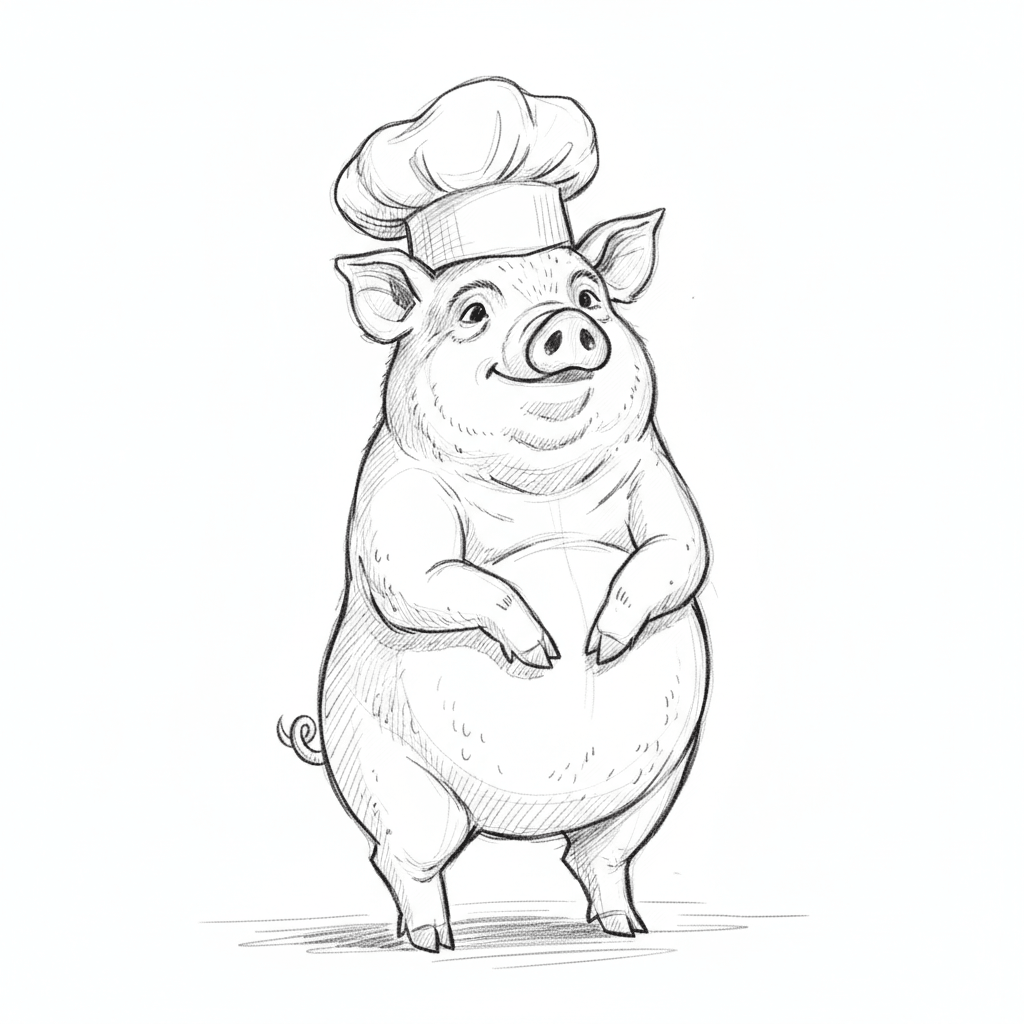 Pig Wearing Tiny Chef Hat - medium sketch drawing idea for animals