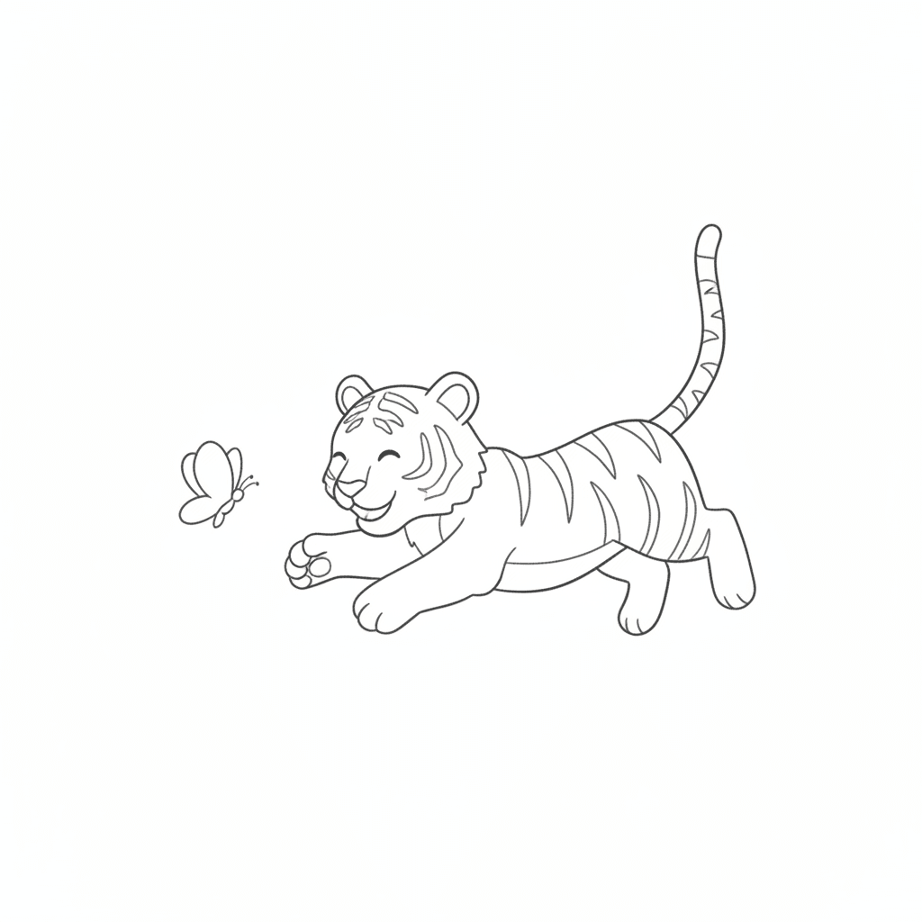 Playful Tiger Chasing A Butterfly - easy sketch drawing idea for animals