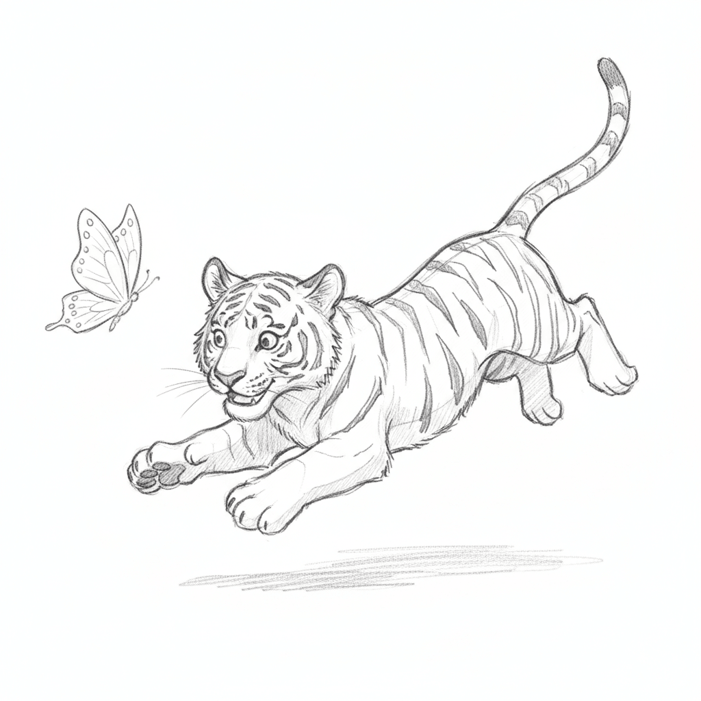 Playful Tiger Chasing A Butterfly - medium sketch drawing idea for animals