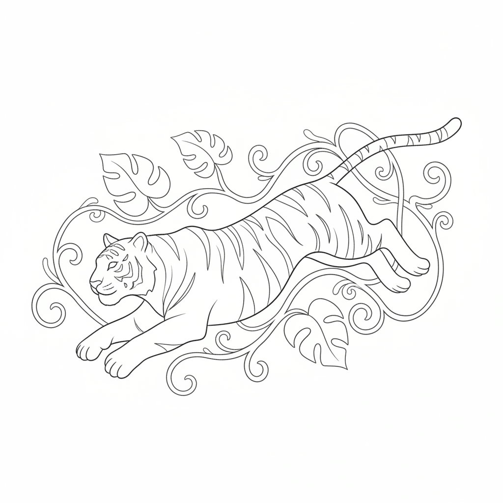 Tiger Leaping Through Jungle Vines - easy sketch drawing idea for animals