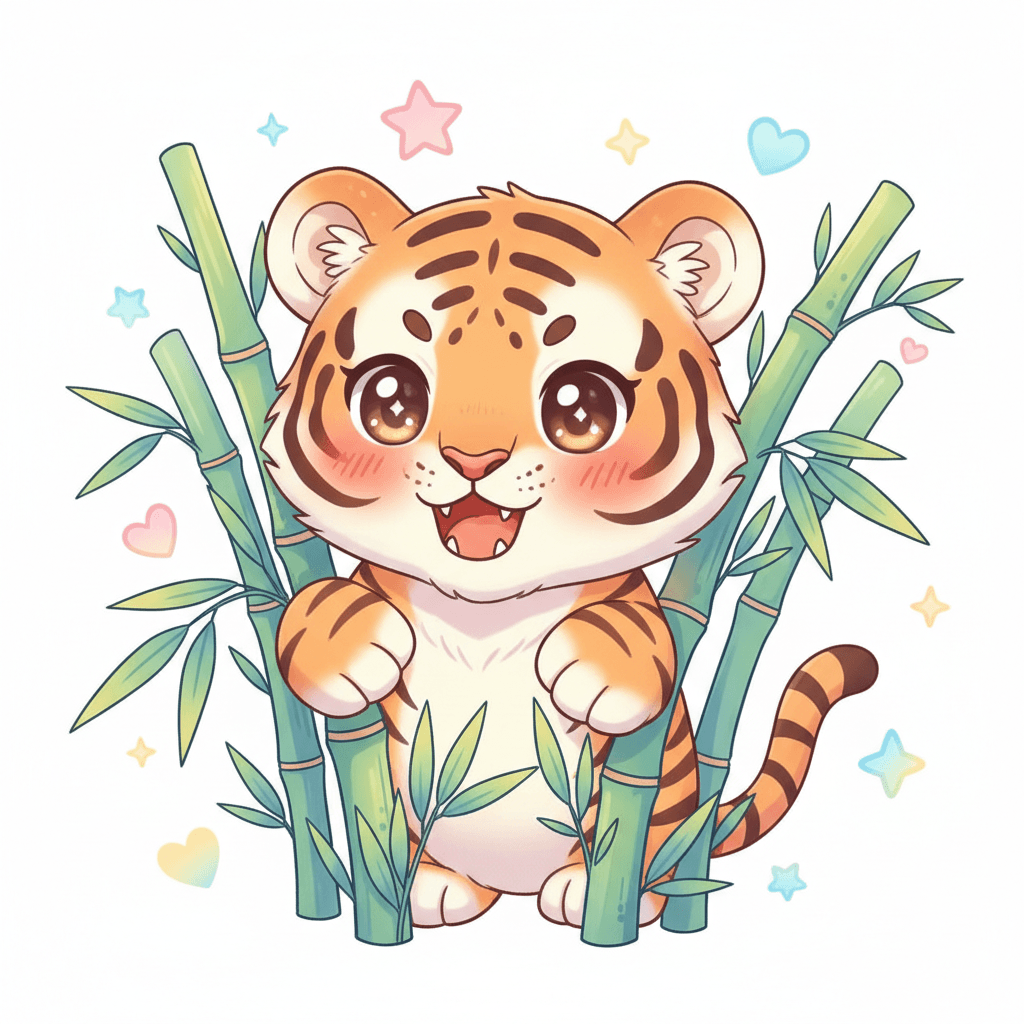 Tiger Peeking Through Bamboo - hard cartoon drawing idea for animals