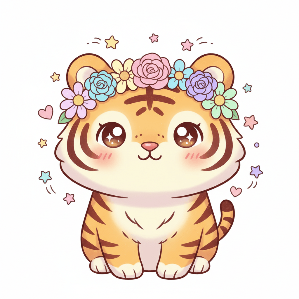 Tiger Wearing Flower Crown - hard cartoon drawing idea for animals