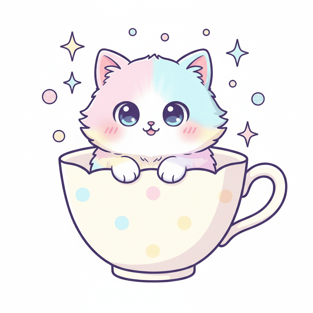 Cat in Teacup (Anime) - medium cartoon drawing idea for animals