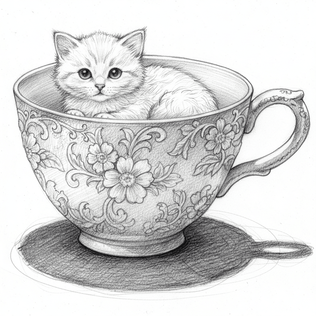 Cat in Teacup (Sketch) - hard sketch drawing idea for animals
