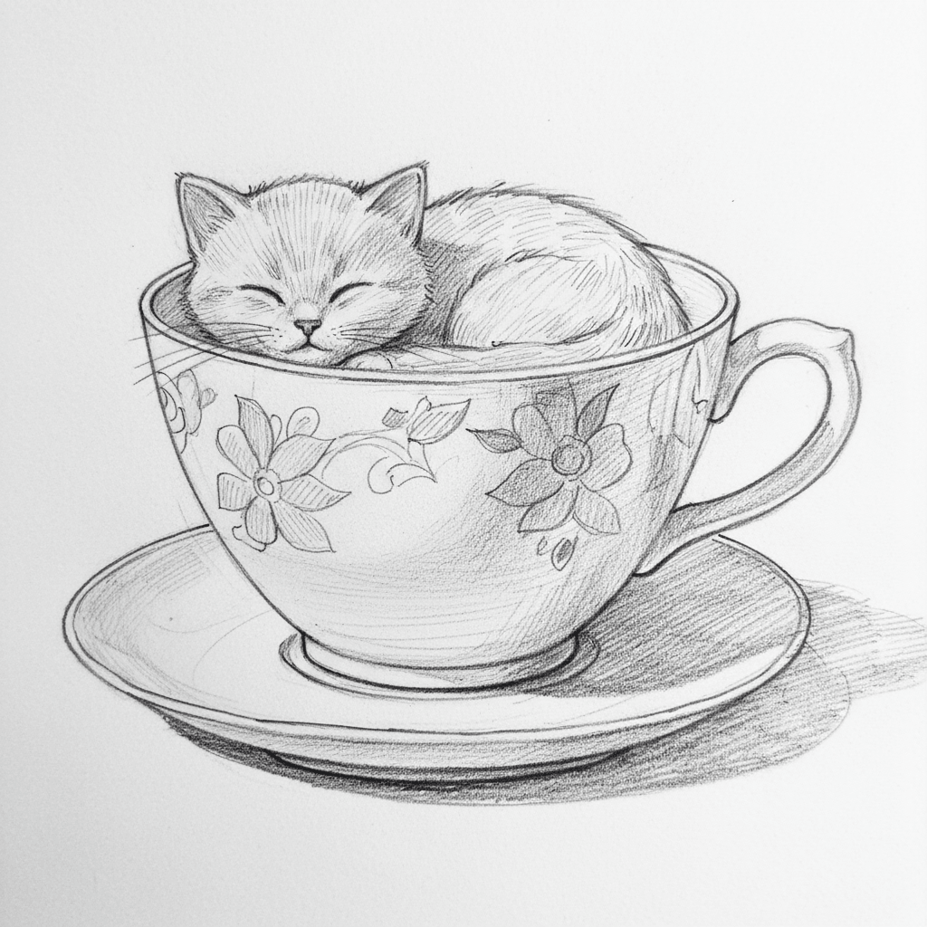 Cat in Teacup (Sketch) - medium sketch drawing idea for animals