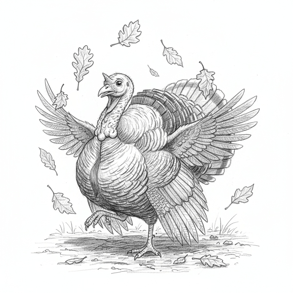 Turkey Juggling Autumn Leaves - hard sketch drawing idea for animals