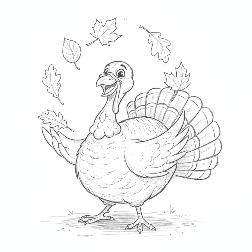 Turkey Juggling Autumn Leaves - medium sketch drawing idea for animals