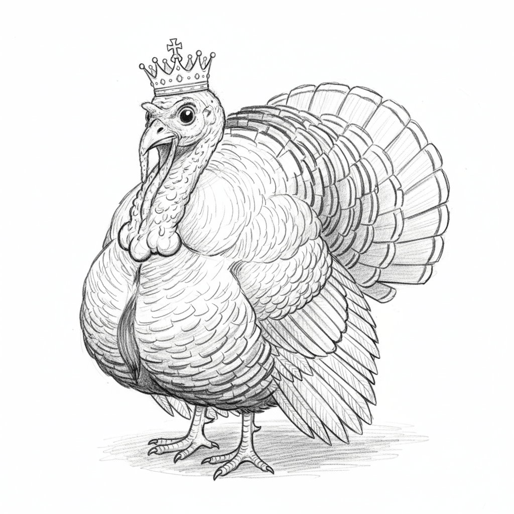 Turkey Wearing Tiny Crown - medium sketch drawing idea for animals