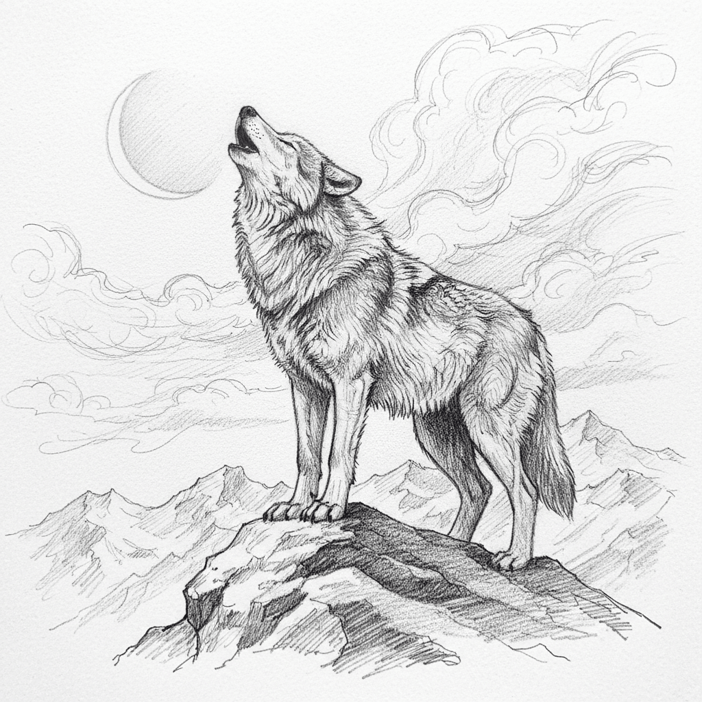 Wolf Howling At Crescent Moon - hard sketch drawing idea for animals
