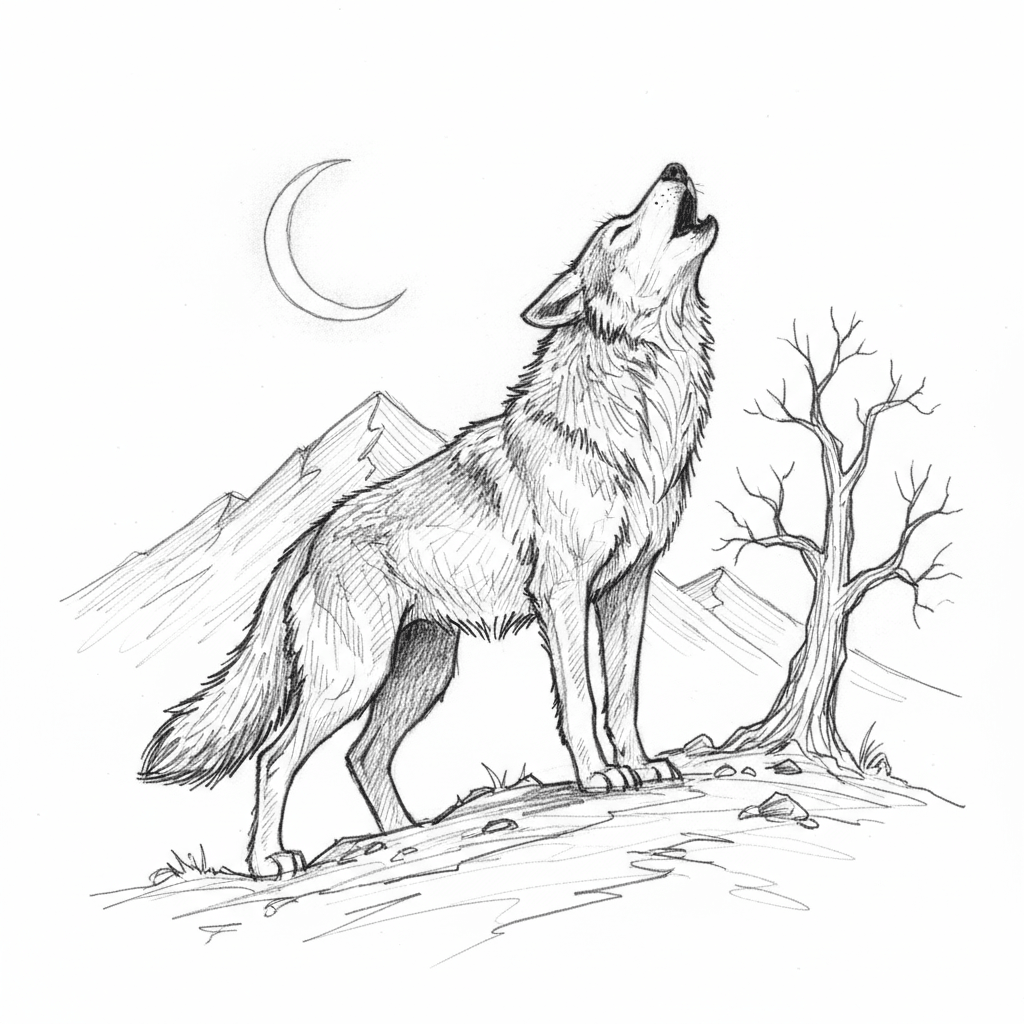 Wolf Howling At Crescent Moon - medium sketch drawing idea for animals