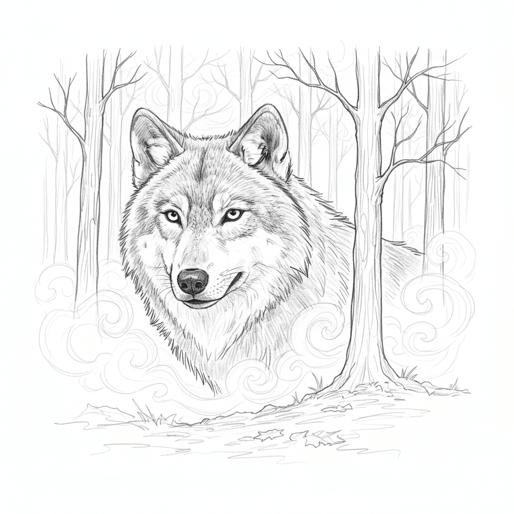 Wolf Peering From Misty Forest - medium sketch drawing idea for animals