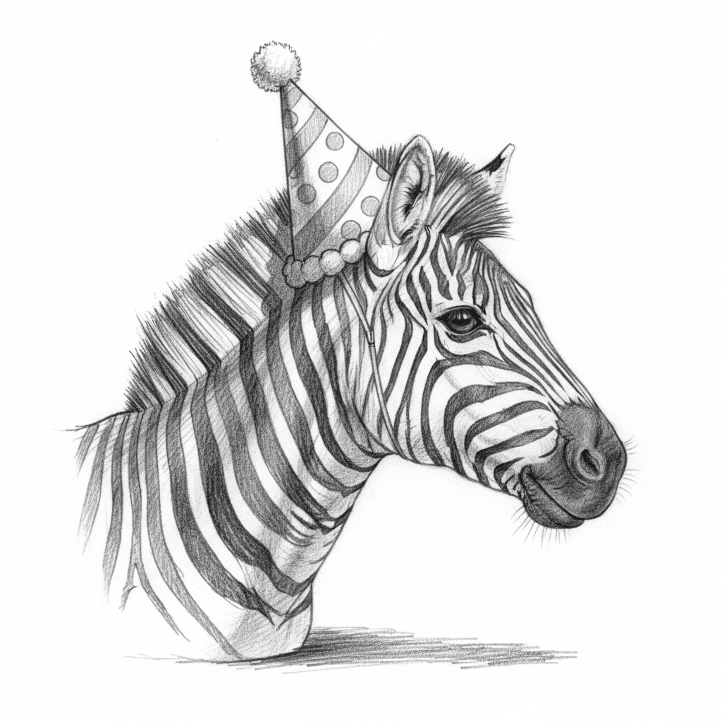 Zebra Wearing A Party Hat - hard sketch drawing idea for animals