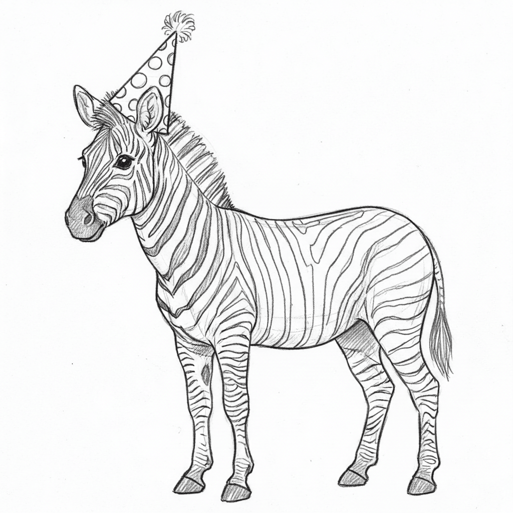 Zebra Wearing A Party Hat - medium sketch drawing idea for animals