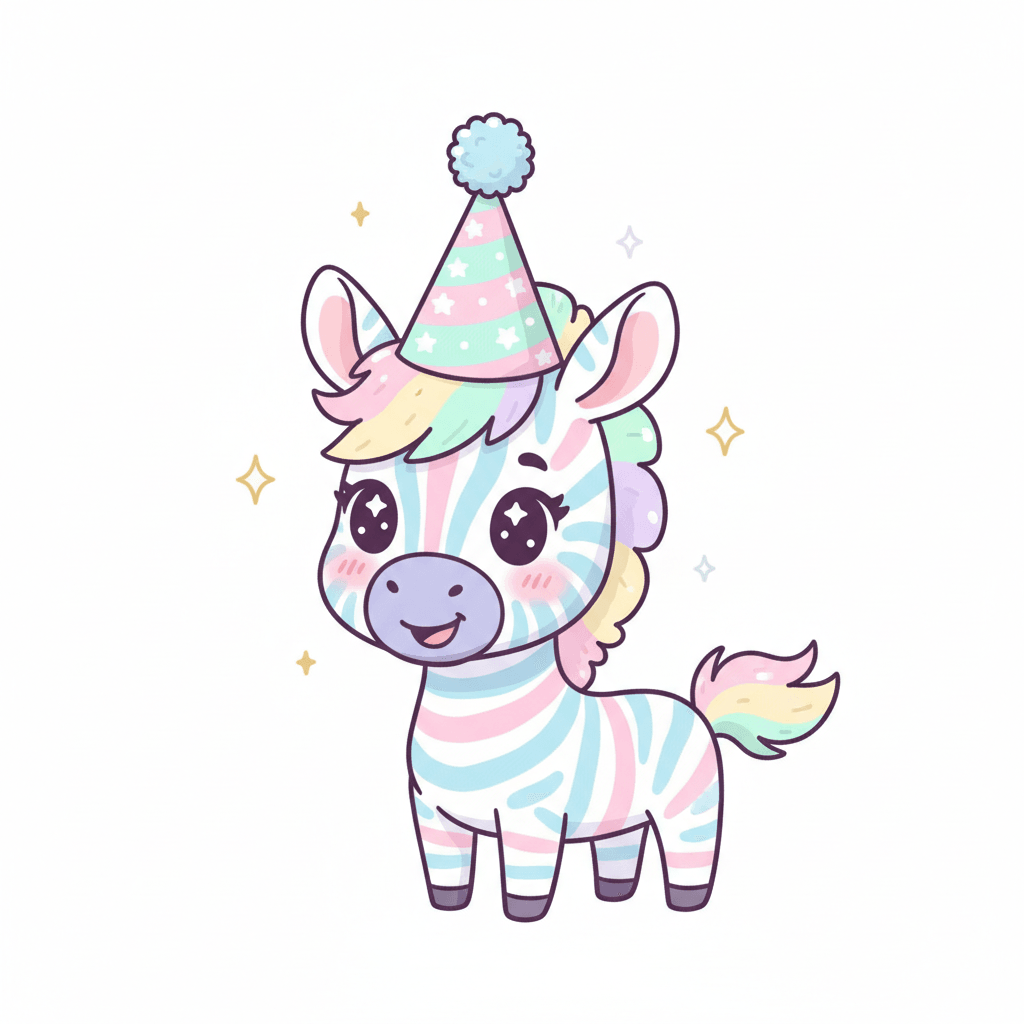 Zebra With A Party Hat - medium cartoon drawing idea for animals